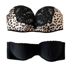 Victorias Secret, Push Up Strapless Bombshell Animal Lace + Black Bra Bundle